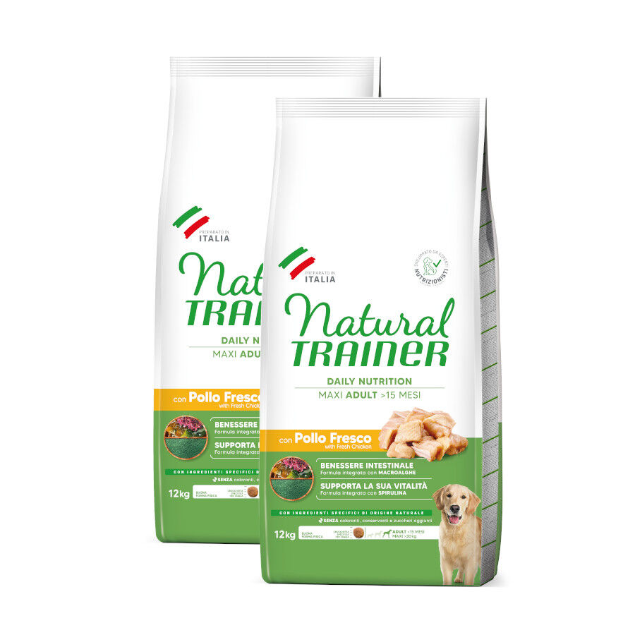 2 x 12 kg Natural Trainer Adult Maxi Frango ra&ccedil;&atilde;o para c&atilde;es  Pack poupan&ccedil;a!, , large Imagem n&uacute;mero 1
