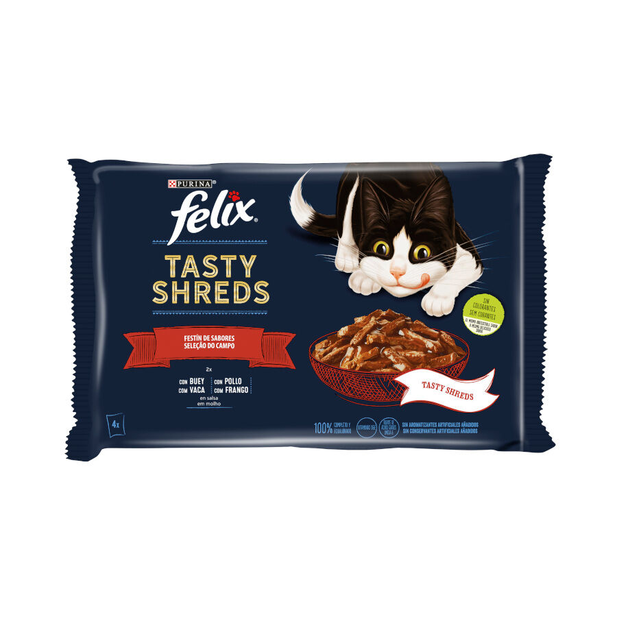 4 saquetas x 80 g Felix Tasty Shreds Sele&ccedil;&atilde;o do Campo Alimento h&uacute;mido Filetes em saqueta para gatos, , large Imagem n&uacute;mero 1