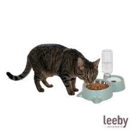 Leeby Comedouro e Dispensador de &Aacute;gua 2 em 1 em A&ccedil;o Inoxid&aacute;vel Verde para gatos