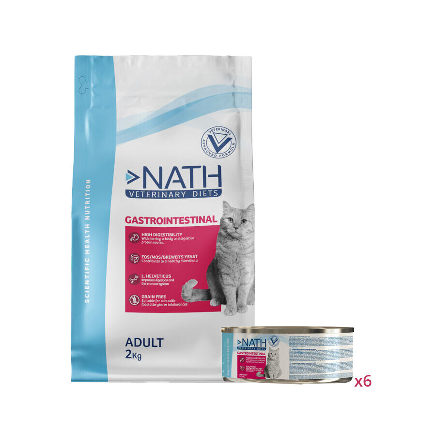 2 kg + 6 latas x 200 g Pack Nath Gastrointestinal - ra&ccedil;&atilde;o e alimento h&uacute;midopara gato, , large Imagem n&uacute;mero 1