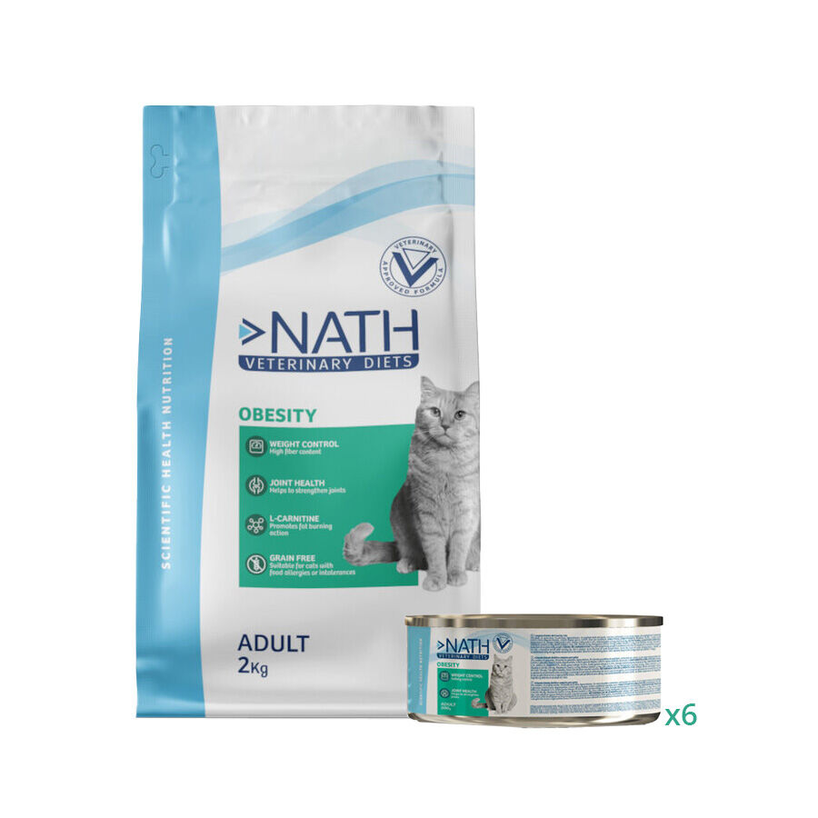 2 kg + 6 latas x 200 g Pack Nath Obesity - ra&ccedil;&atilde;o e alimento h&uacute;mido para gato, , large Imagem n&uacute;mero 1