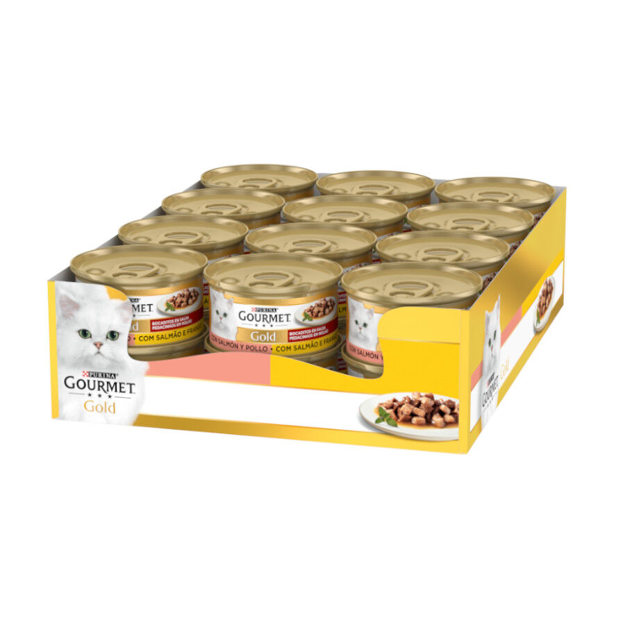 48 latas x 85 g Gourmet Gold Biscoitos de salm&atilde;o e frango para gatos Pack Poupan&ccedil;a!, , large Imagem n&uacute;mero 1