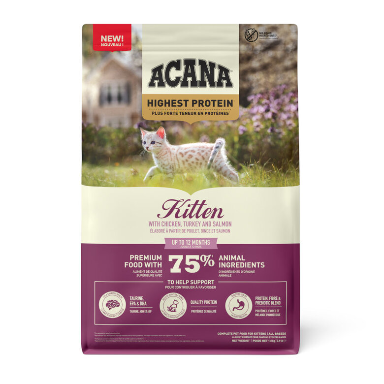 1.8 kg Acana Highest Protein frango, peru e salmão ração para gatinhos,  Imagem número 1 1.8 kg Acana Highest Protein frango, peru e salmão ração para gatinhos, , large Imagem número 1