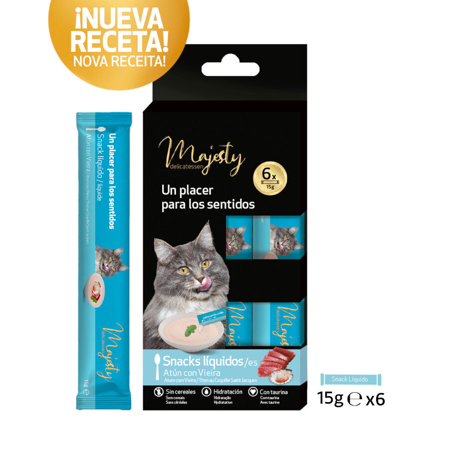 6 saquetas x 15 g Majesty Snack L&iacute;quido de Atum com Vieira para gatos, , large Imagem n&uacute;mero 2