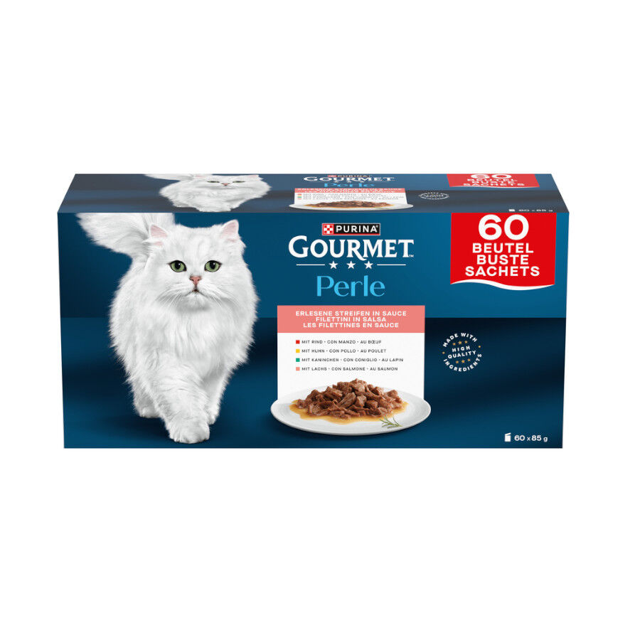60 uds. de 85 g Gourmet Perle Alimento h&uacute;mido de coelho, vaca, frango e salm&atilde;o  em saquetas para gatos, , large Imagem n&uacute;mero 1