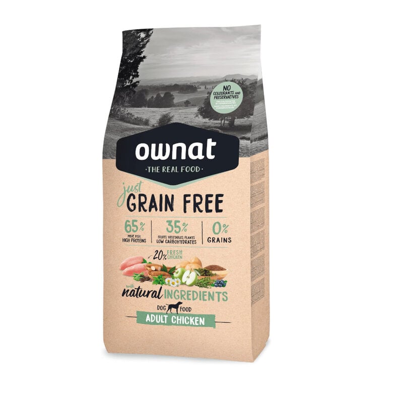 14 kg Ownat Just Grain Free Adult Frango ração para cães,  Imagem número 1 14 kg Ownat Just Grain Free Adult Frango ração para cães, , large Imagem número 1