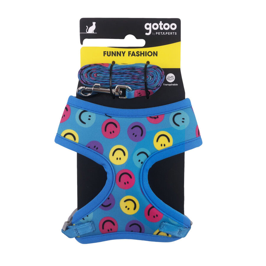 Gotoo Trela e peitoral estampado smile azul para gatos, , large Imagem n&uacute;mero 7