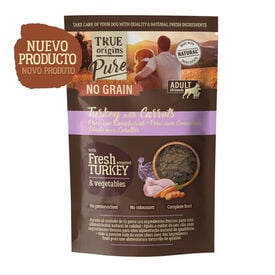 True Origins Pure Comida h&uacute;mida de peru com cenoura em saqueta para c&atilde;es 