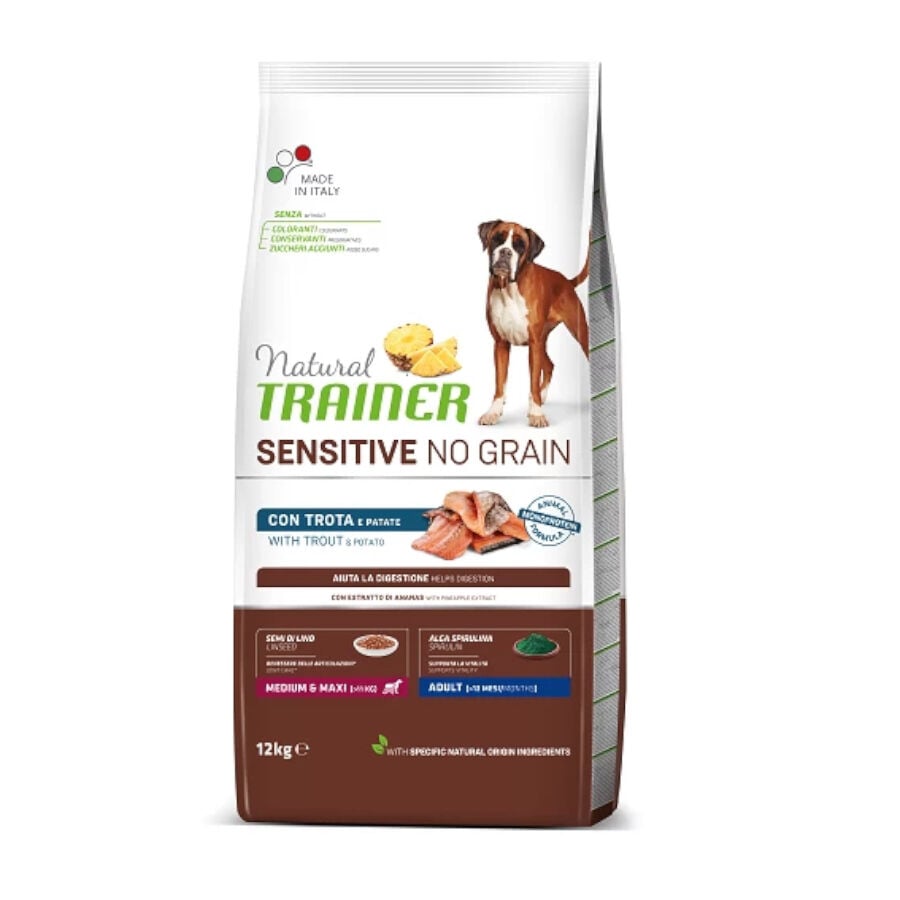 12 kg Natural Trainer Medium & Maxi Sensitive No Grain Ra&ccedil;&atilde;o de truta e batata para c&atilde;es, , large Imagem n&uacute;mero 1