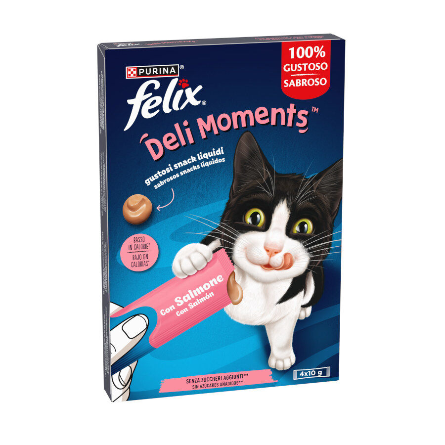 4 saquetas x 10 g Purina Felix Deli Moments com Salm&atilde;o Snack liquido para gatos , , large Imagem n&uacute;mero 1
