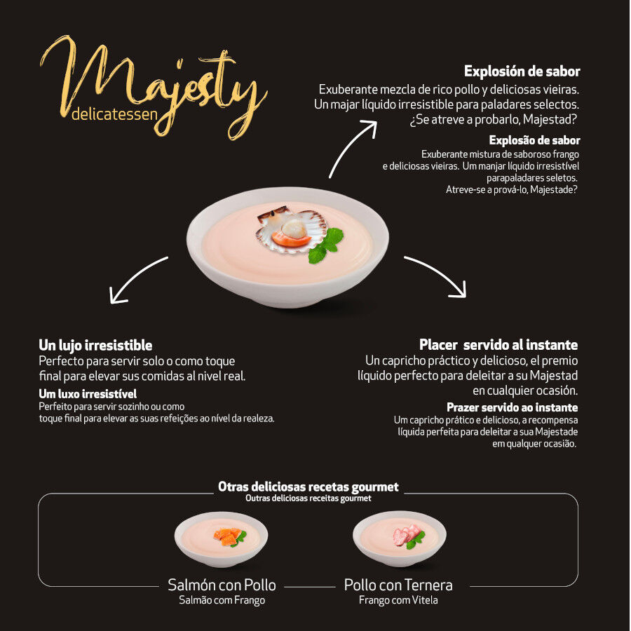 6 saquetas x 15 g Majesty Snack l&iacute;quido Chicken and Scallop para gatos, , large Imagem n&uacute;mero 4