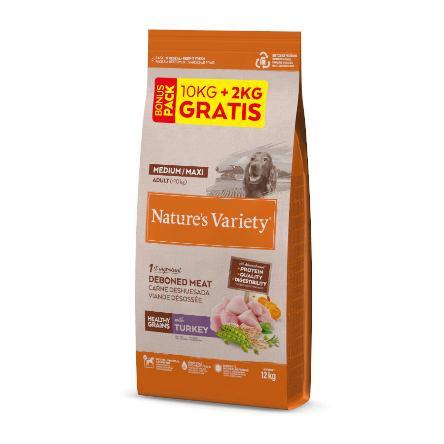 12 kg (10 + 2 kg gr&aacute;tis!) Nature's Variety Healthy Grains Adult Medium Maxi Ra&ccedil;&atilde;o de peru para c&atilde;es, , large Imagem n&uacute;mero 1