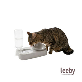 Leeby Comedouro e Dispensador de &Aacute;gua 2 em 1 Cinzento e Branco para gatos