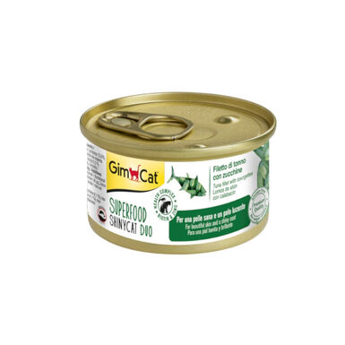 GimCat Super Food Shiny Cat Duo atum e courgette em lata para gatos