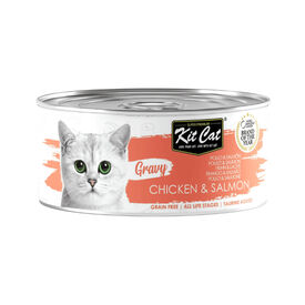 Kit Cat Comida h&uacute;mida de frango e salm&atilde;o em lata para gatos