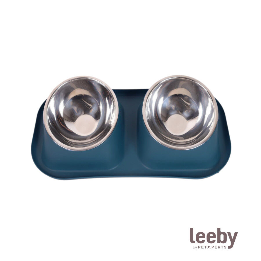 Leeby Comedouro Duplo de Metal Azul para c&atilde;es, , large Imagem n&uacute;mero 2