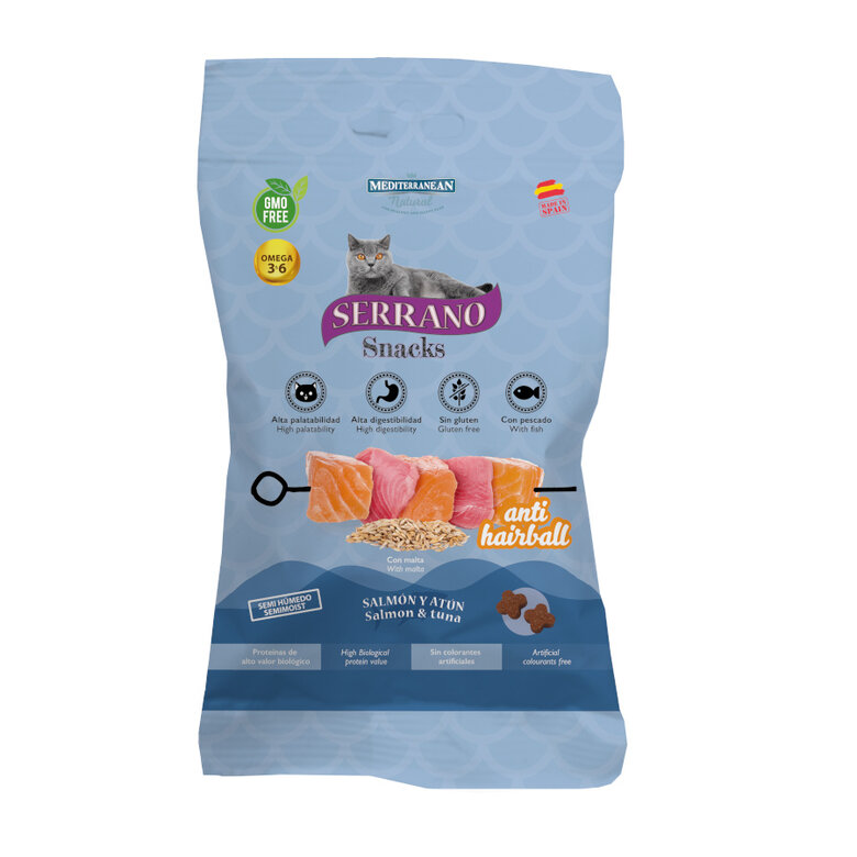 50 g Serrano Snacks Anti Bolas de Pelo de Salmão e Atum para gatos,  Imagem número 1 50 g Serrano Snacks Anti Bolas de Pelo de Salmão e Atum para gatos, , large Imagem número 1
