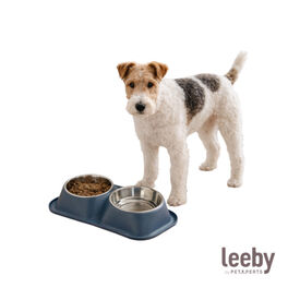 Leeby Comedouro Duplo de Metal Azul para c&atilde;es