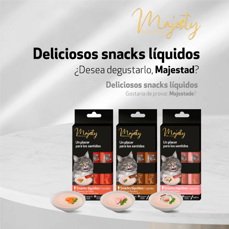 6 saquetas x 15 g Majesty Salmão com Frango snack líquido para gatos,  Imagem número 3 6 saquetas x 15 g Majesty Salmão com Frango snack líquido para gatos, , large Imagem número 3
