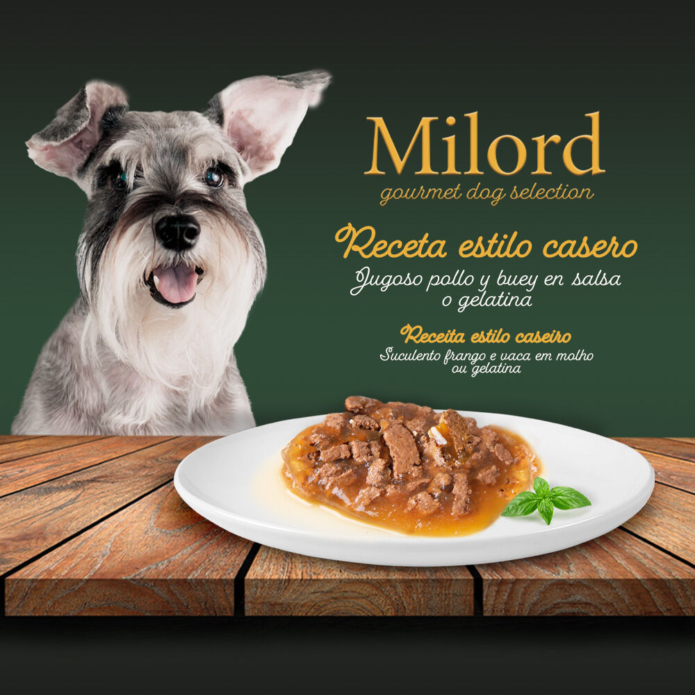 4 saquetas x 100 g Milord Adult Receita Estilo Caseira em Gelatina com Frango e Boi saquetas para c&atilde;es - Multipack, , large Imagem n&uacute;mero 2