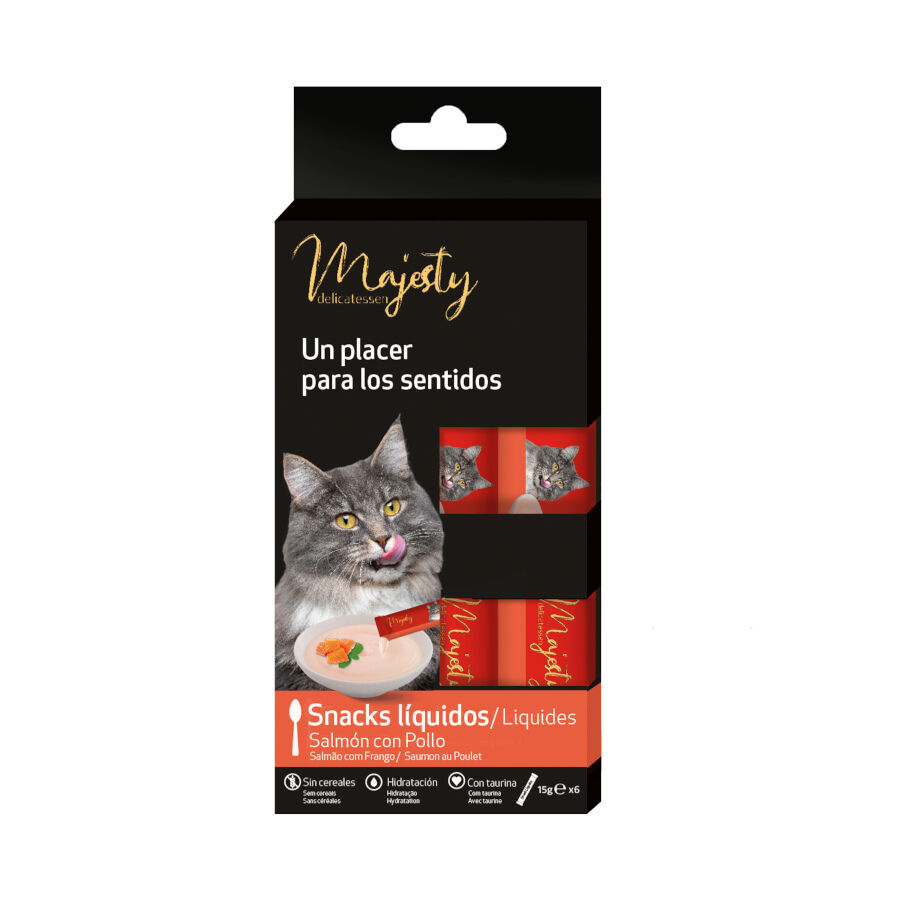 6 saquetas x 15 g Majesty Salm&atilde;o com Frango snack l&iacute;quido para gatos, , large Imagem n&uacute;mero 2
