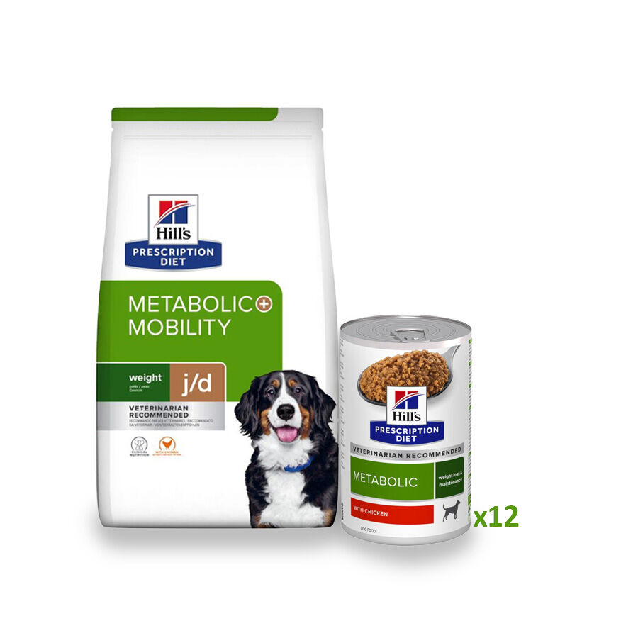 12 kg + 12 latas x 370 g Hill's Pack Prescription Diet Metabolic + Mobility Ra&ccedil;&atilde;o e Latas para C&atilde;es Pack poupan&ccedil;a!, , large Imagem n&uacute;mero 1