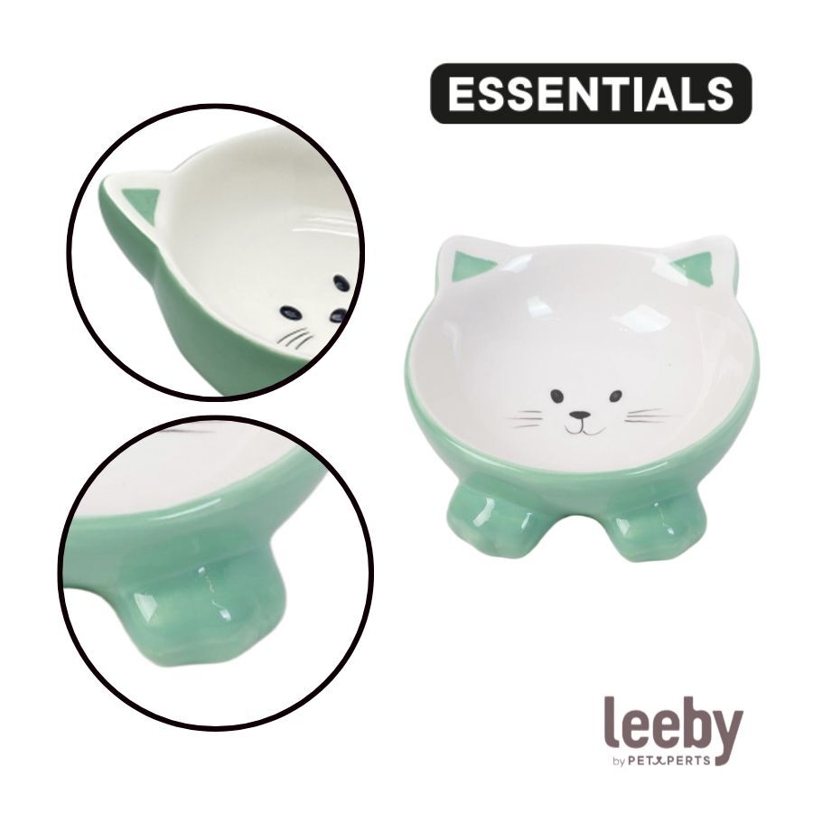 Leeby Comedouro de Cer&acirc;mica Branco e Verde com Orelhinhas para gatos, , large Imagem n&uacute;mero 3