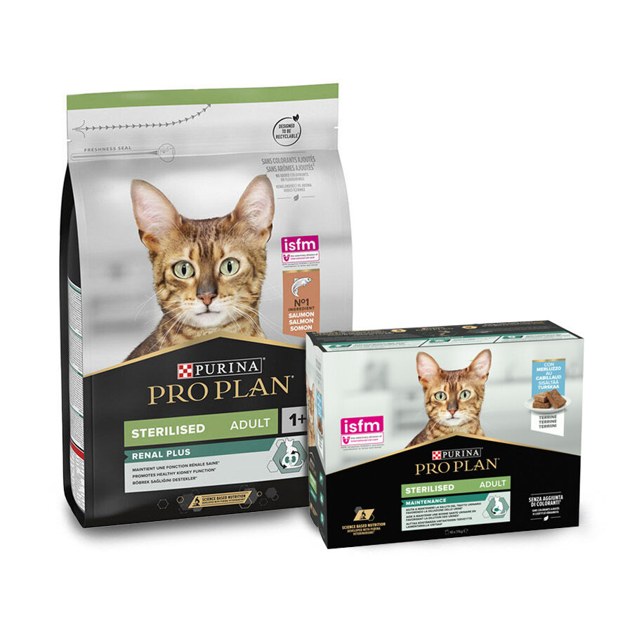 10 kg + 10 saquetas x 85 g Pro Plan Pack de Ra&ccedil;&atilde;o e Alimento H&uacute;mido de Salm&atilde;o para gatos esterilizados, , large Imagem n&uacute;mero 1