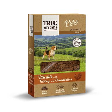 True Origins Pure Dog biscoitos de vários sabores para cães.