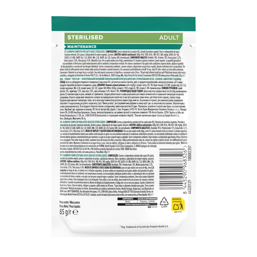 85 g Pro Plan Adulto Esterilizado Pato em Molho para gatos, , large Imagem n&uacute;mero 3