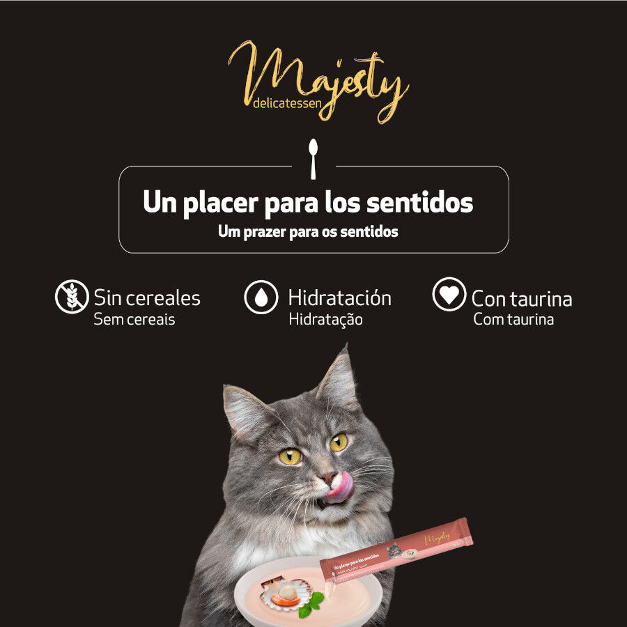 6 saquetas x 15 g Majesty Snack l&iacute;quido Chicken and Scallop para gatos, , large Imagem n&uacute;mero 5