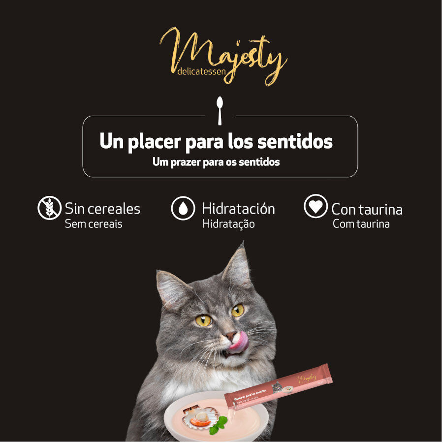 6 saquetas x 15 g Majesty Snack l&iacute;quido Chicken and Scallop para gatos, , large Imagem n&uacute;mero 5