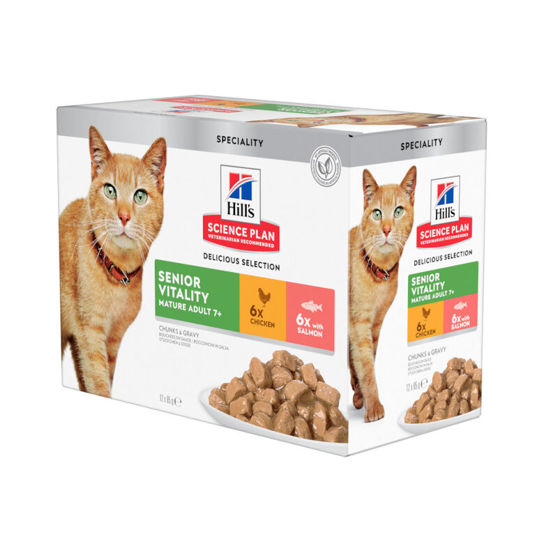12 saquetas x 85 g Hill's Science Plan Senior Vitality Sachê de frango e salmão em molho para gatos,  Imagem número 1 12 saquetas x 85 g Hill's Science Plan Senior Vitality Sachê de frango e salmão em molho para gatos, , large Imagem número 1