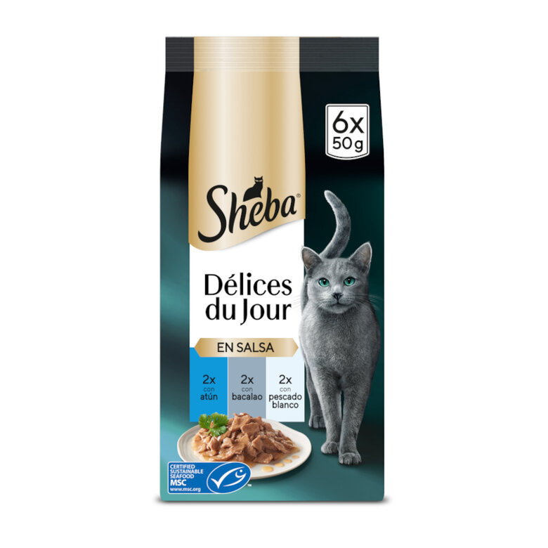 6 saquetas x 50 g Sheba Délices du Jour em Atum, Bacalhau e Molho de Peixe Branco ração húmida para gatos,  Imagem número 1 6 saquetas x 50 g Sheba Délices du Jour em Atum, Bacalhau e Molho de Peixe Branco ração húmida para gatos, , large Imagem número 1