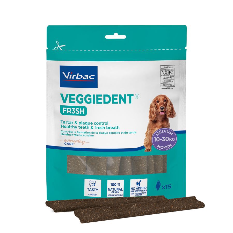 15 sticks Virbac Snacks Dent&aacute;rios Veggiedent Fresh para c&atilde;es de ra&ccedil;a m&eacute;dia, , large Imagem n&uacute;mero 1