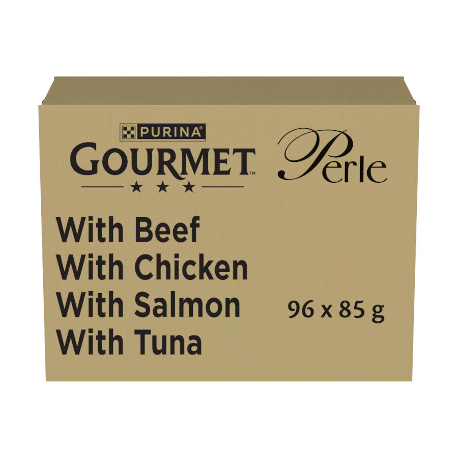 96 saquetas x 85 g Gourmet Perle Mini Filetes em Molho com Salm&atilde;o, Frango, At&uacute;m e Vitela Saqueta para gatos, , large Imagem n&uacute;mero 1