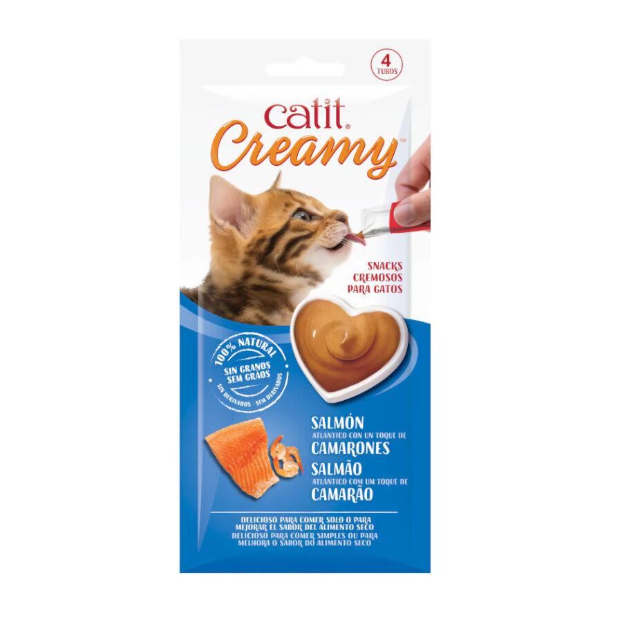 4 saquetas x 10 g Catit Creamy Snack L&iacute;quido de Salm&atilde;o com Gambas para gatos, , large Imagem n&uacute;mero 1