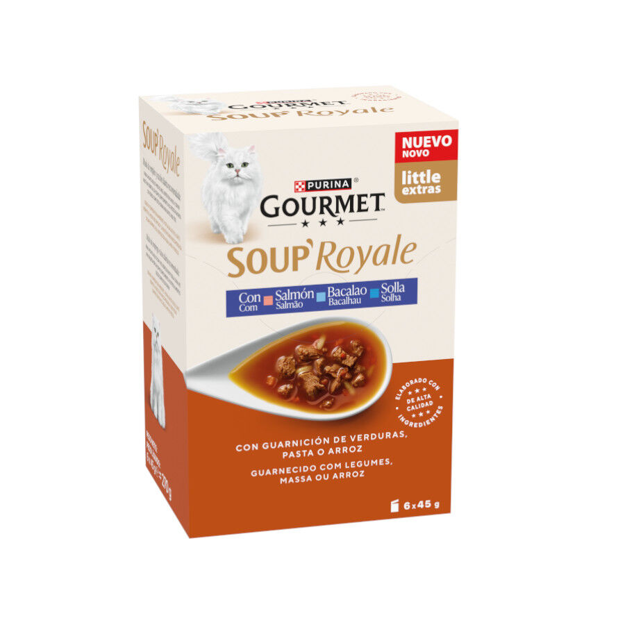 6 saquetas x 45 g Gourmet Soup Royale Salm&atilde;o, Bacalhau e Solha Sopa para gatos - Multipack, , large Imagem n&uacute;mero 1