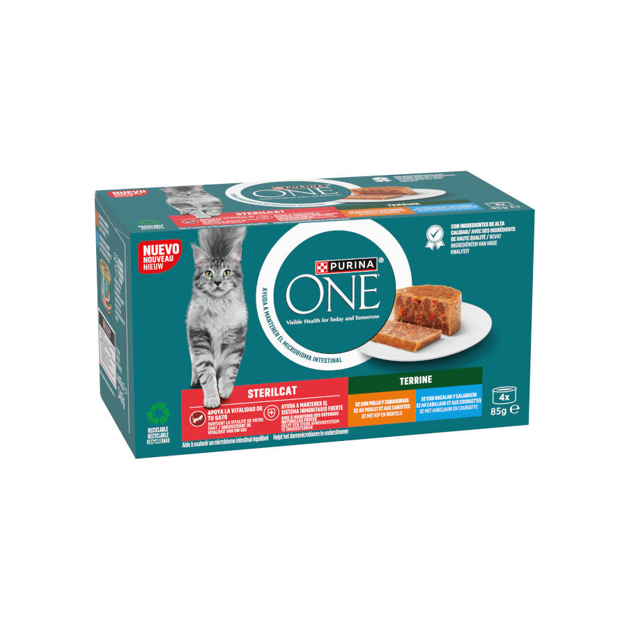 4 latas x 85 g Purina ONE Frango e Bacalhau Esterilizados latas para Gatos - Multipack, , large Imagem n&uacute;mero 1