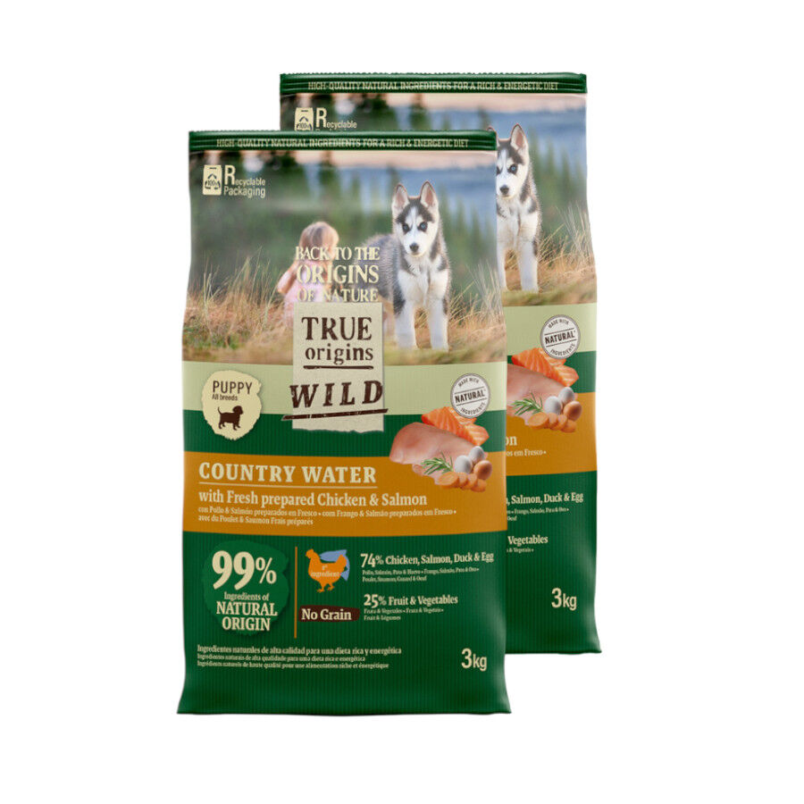 2 x 12 kg True Origins Wild Puppy Country Water Frango e Salm&atilde;o ra&ccedil;&atilde;o Pack poupan&ccedil;a!, , large Imagem n&uacute;mero 1