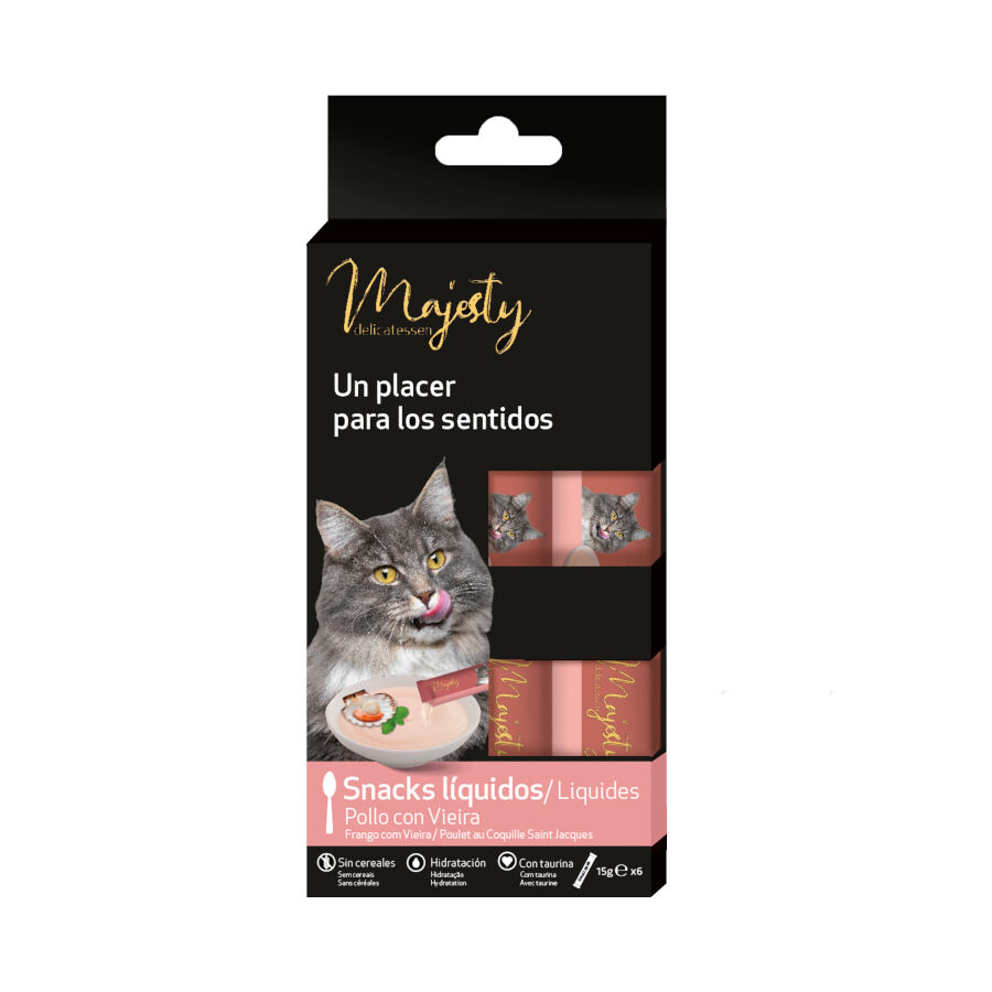 6 saquetas x 15 g Majesty Snack l&iacute;quido Chicken and Scallop para gatos, , large Imagem n&uacute;mero 2