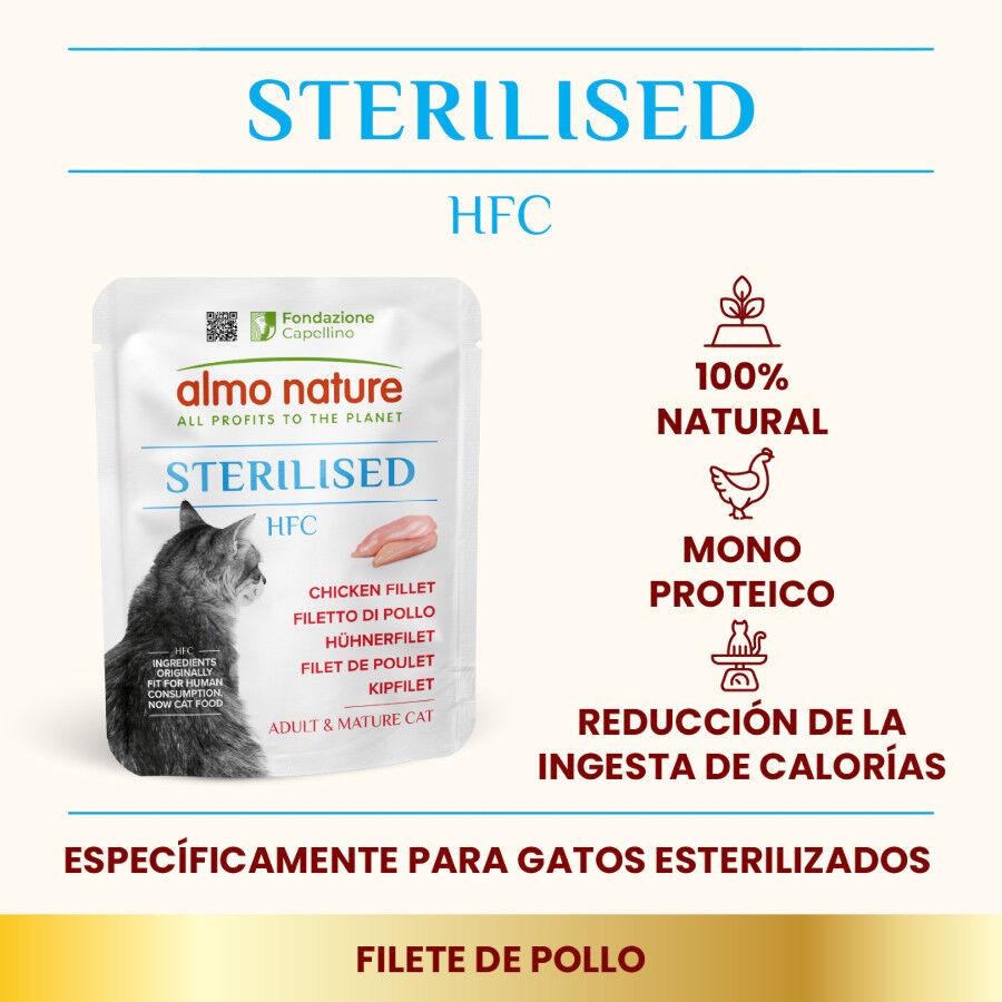 24 saquetas x 50 g Almo Nature HFC esterilizado Sach&ecirc; de fil&eacute; de frango para gatos Pack Poupan&ccedil;a!, , large Imagem n&uacute;mero 2