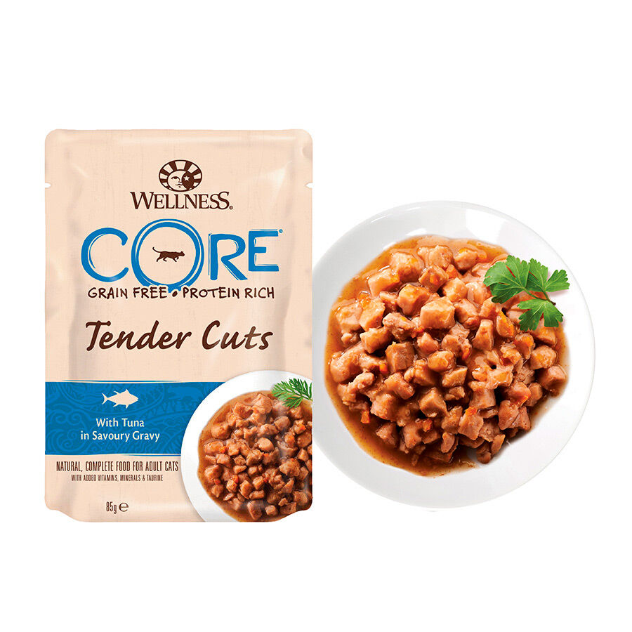 48 saquetas x 85 g  Wellness Core Tender Cuts atum em molho saquetas para gatos Pack poupan&ccedil;a!, , large Imagem n&uacute;mero 2
