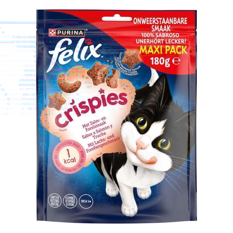 180 g Felix Crispies Snacks de Salmão e Truta Maxi Pack para gatos,  Imagem número 1 180 g Felix Crispies Snacks de Salmão e Truta Maxi Pack para gatos, , large Imagem número 1