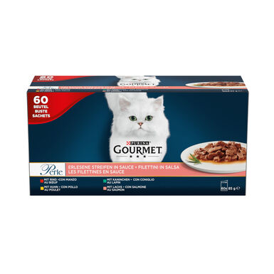 Gourmet Perle Fatias finas com coelho, carne de vaca, frango e salmão em molho para gatos