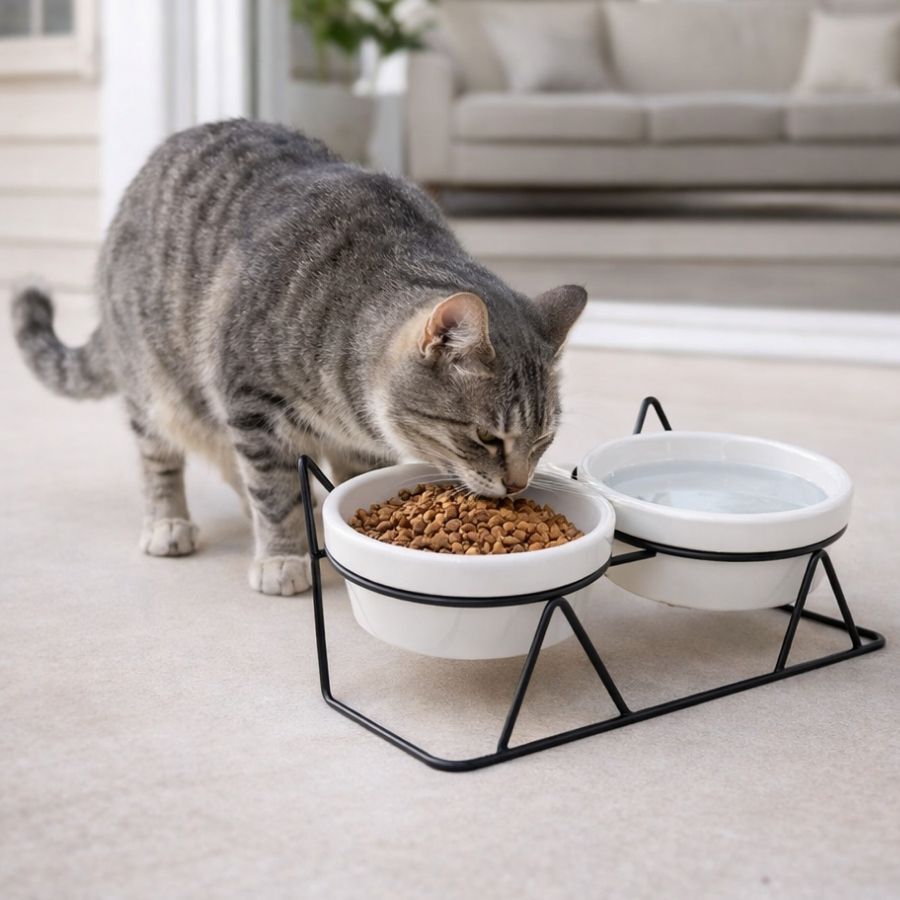 Leeby Comedouro Duplo de Cer&acirc;mica Branco para gatos, , large Imagem n&uacute;mero 1
