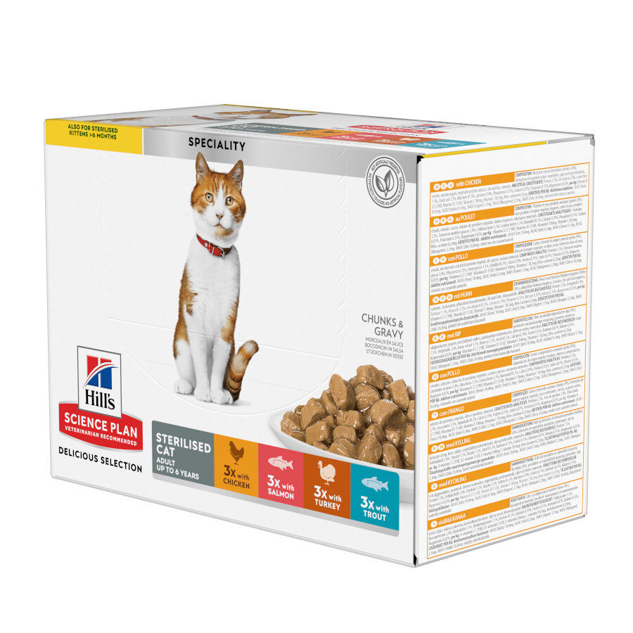 12 saquetas x 85 g Hill's Young Adult Science Plan Sterilised Carne e Peixe saqueta para gatos - Multipack 12, , large Imagem n&uacute;mero 1