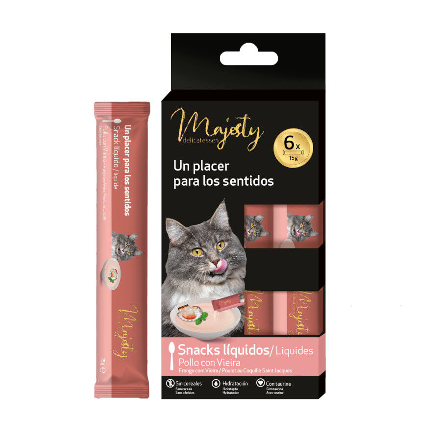 6 saquetas x 15 g Majesty Snack l&iacute;quido Chicken and Scallop para gatos, , large Imagem n&uacute;mero 1
