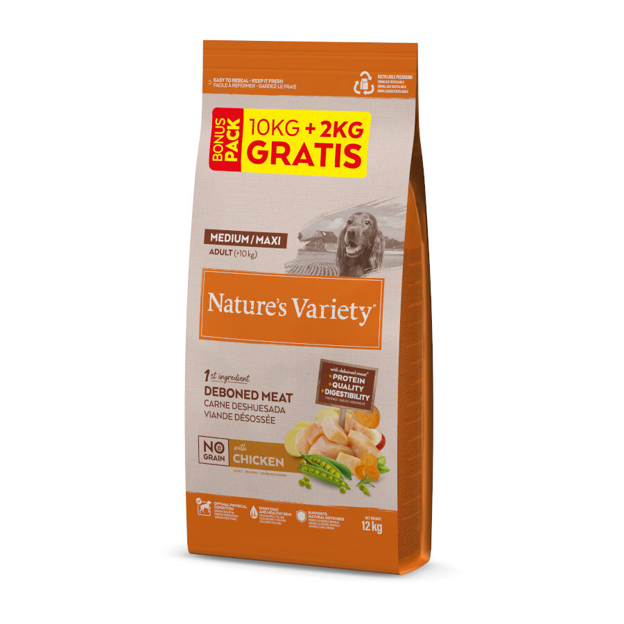 12 kg (10 + 2 kg gr&aacute;tis!) Nature's Variety No Grain Adult Medium Maxi Ra&ccedil;&atilde;o de frango para c&atilde;es, , large Imagem n&uacute;mero 1