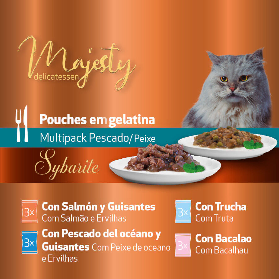 12 saquetas x 100 g Majesty Multipack Comida h&uacute;mida de peixe em saquetas para gatos, , large Imagem n&uacute;mero 3
